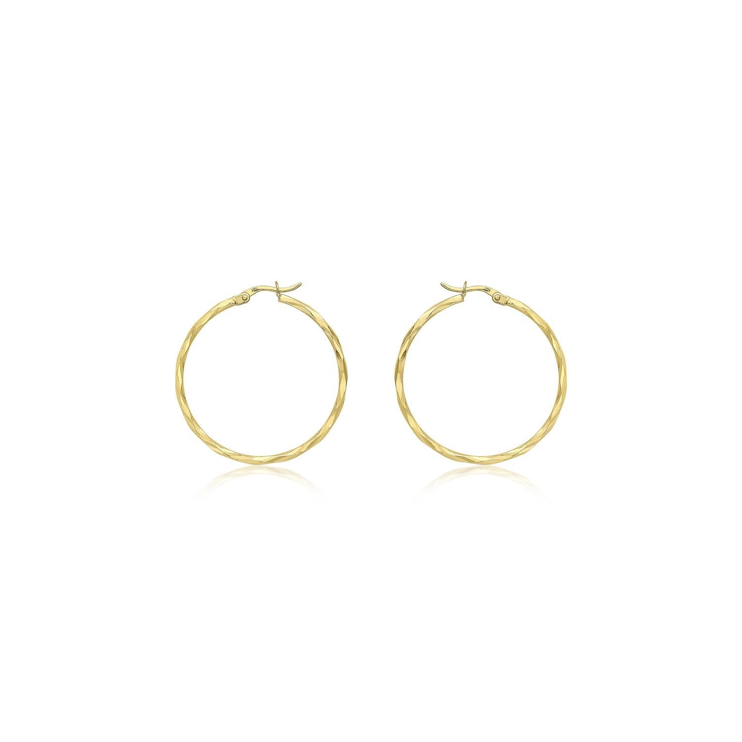 9ct Yellow Gold 33mm Diamond Cut Faceted Hoop Creole Earrings